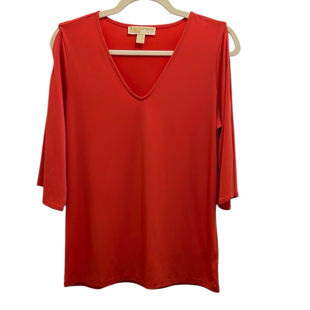 Michael Kors Red Orange Women's Top Medium Cutout Sleeve with Gold Bars